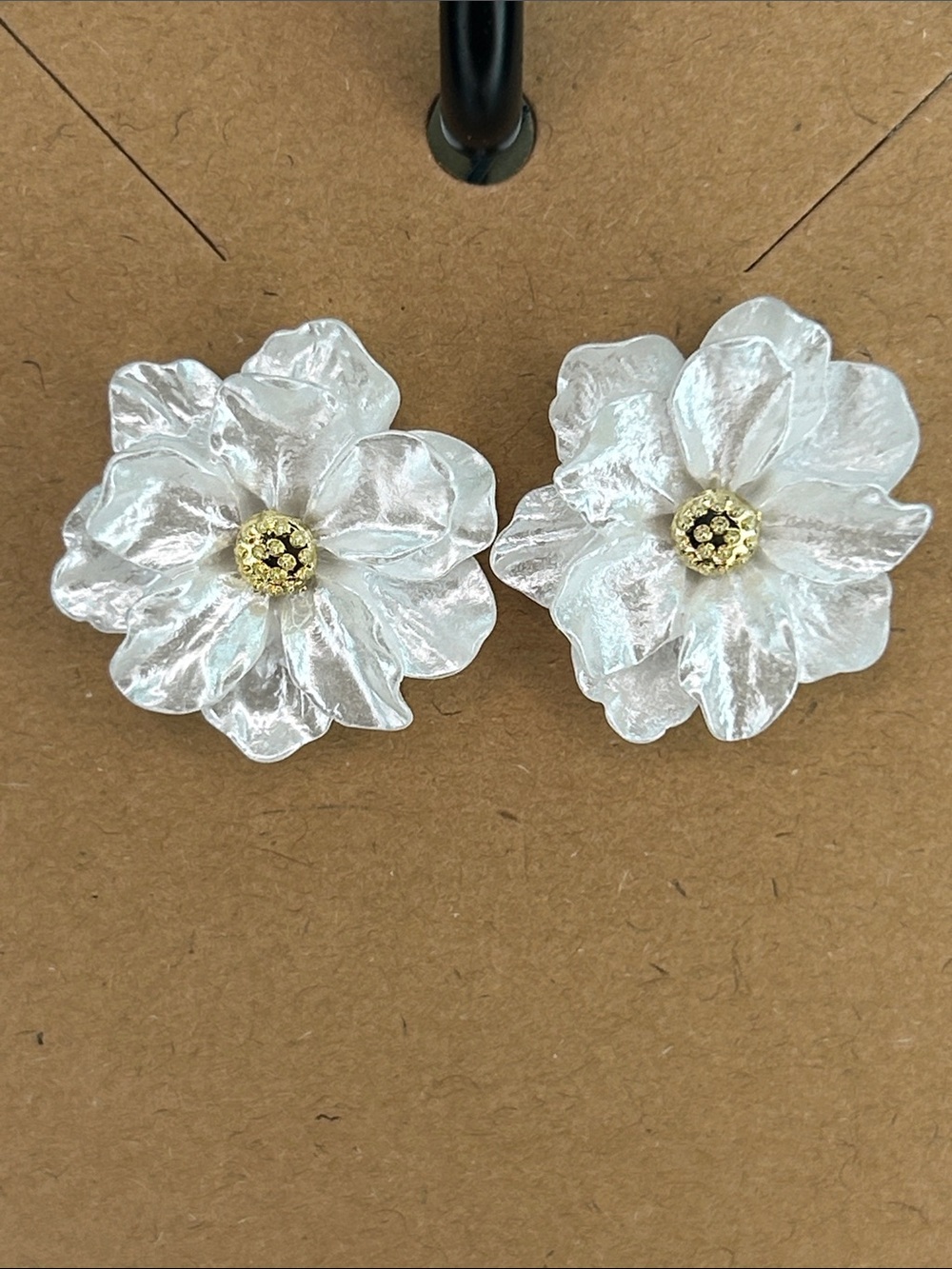 Pearlescent White Flower Stud Earrings with Gold Center Fashion Jewelry